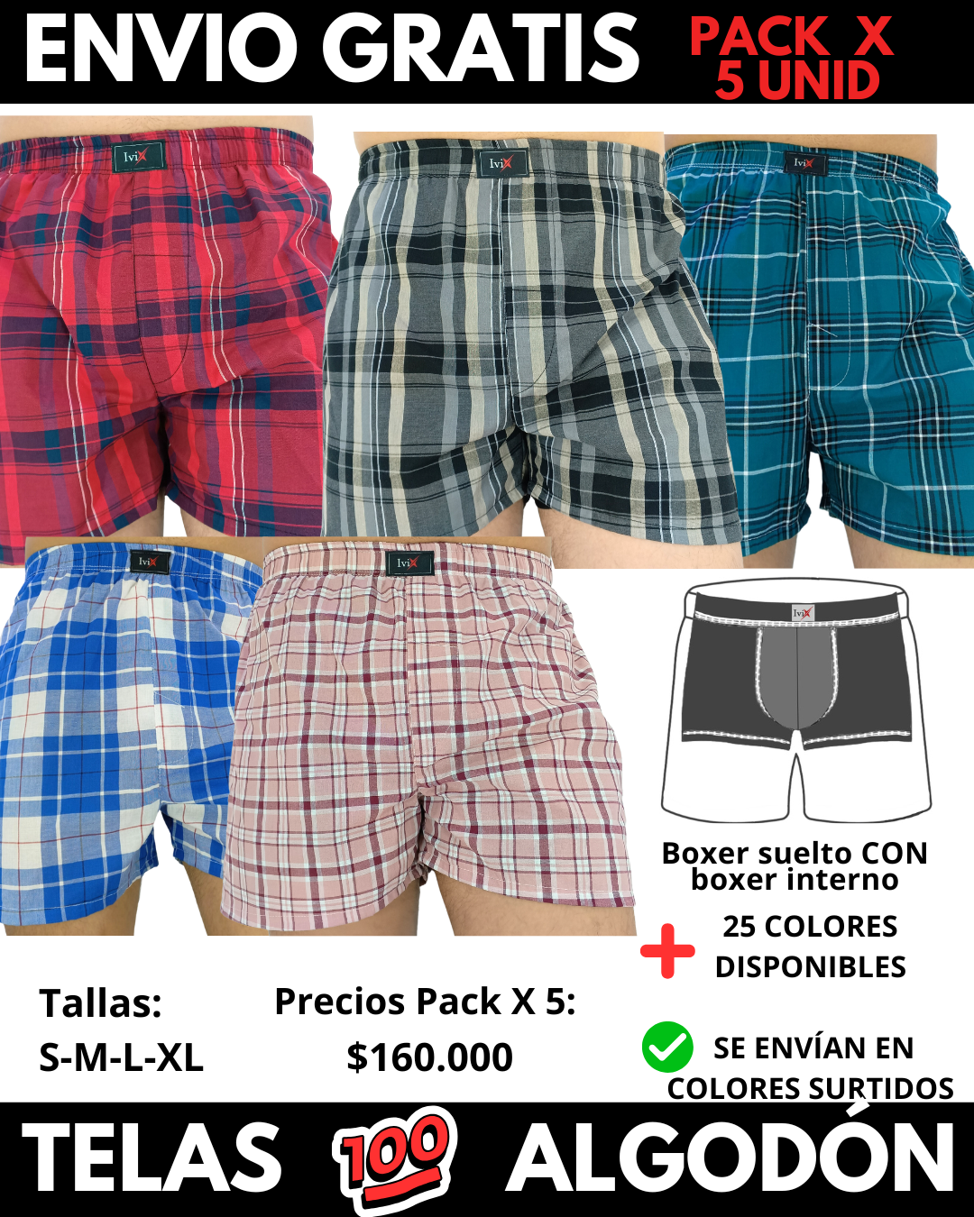 Pack X 5 bóxer suelto CON BOXER INTERNO Marca IviX -Envio Gratis