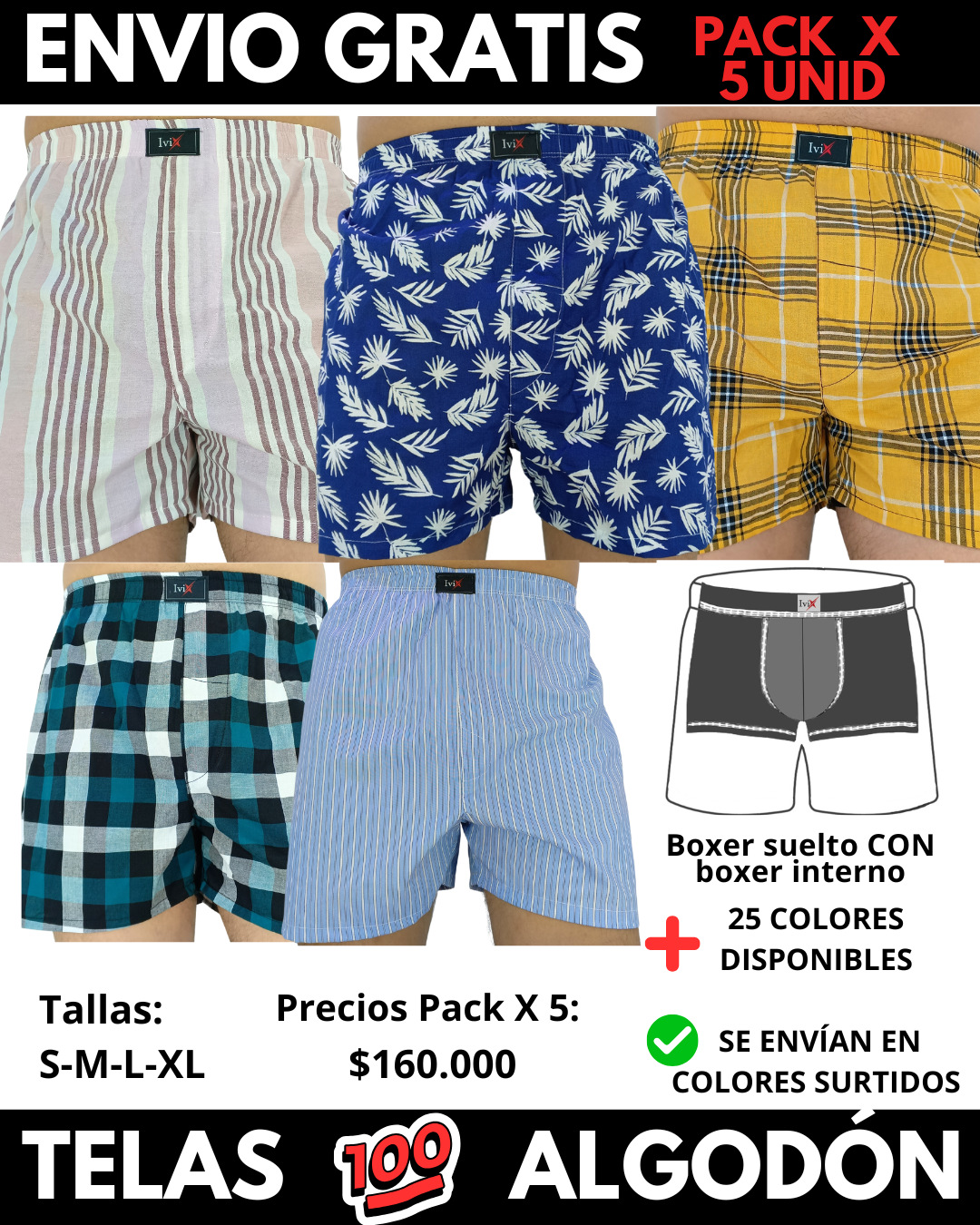 Pack X 5 bóxer suelto CON BOXER INTERNO Marca IviX -Envio Gratis