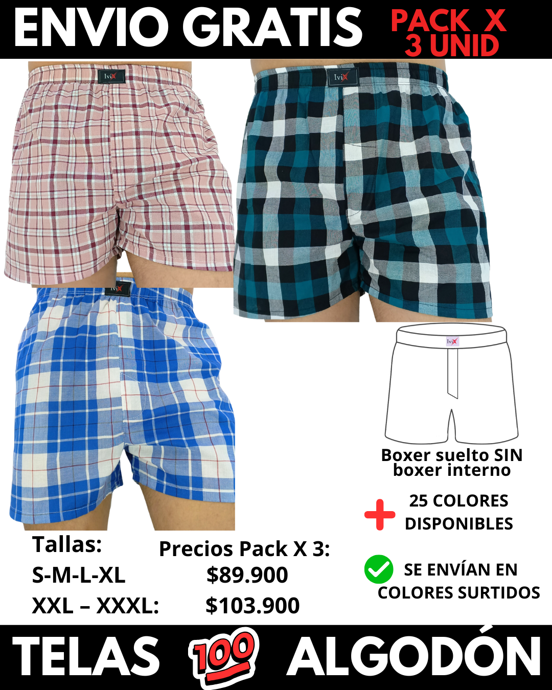 Pack X 3 bóxer suelto SIN Boxer Interno Marca IviX -Envio Gratis