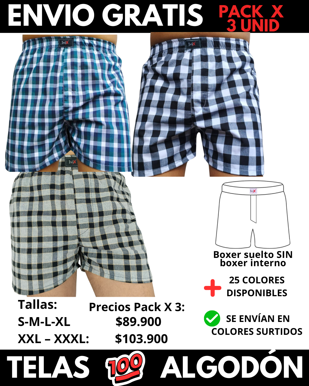 Pack X 3 bóxer suelto SIN Boxer Interno Marca IviX -Envio Gratis