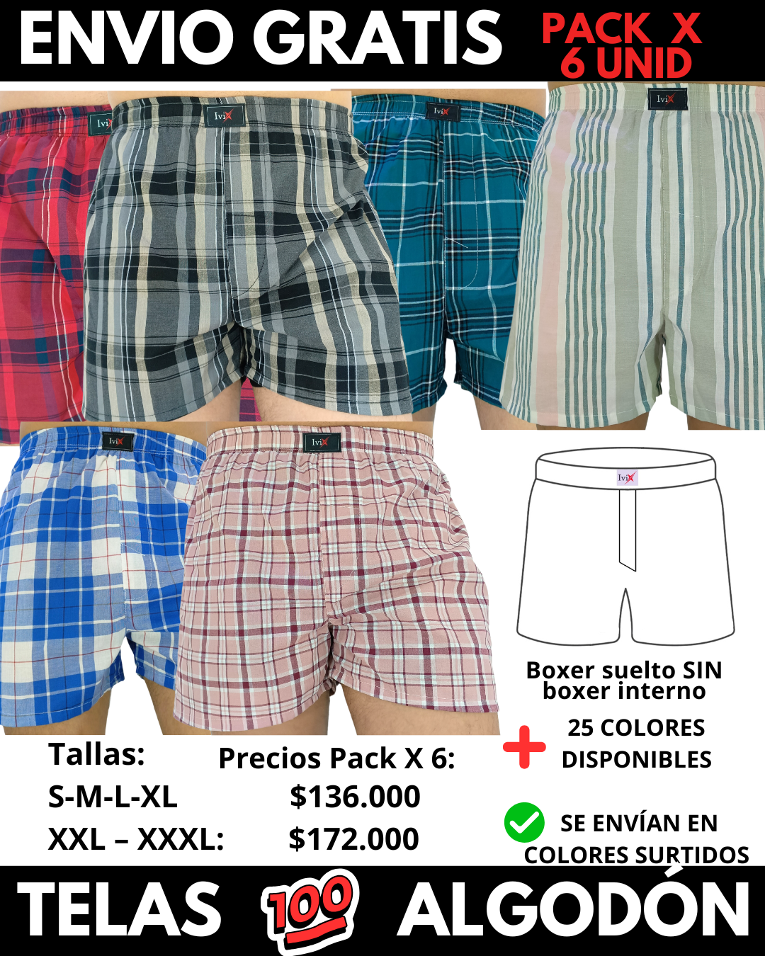 Pack X 6 bóxer suelto SIN Boxer Interno Marca IviX -Envio Gratis
