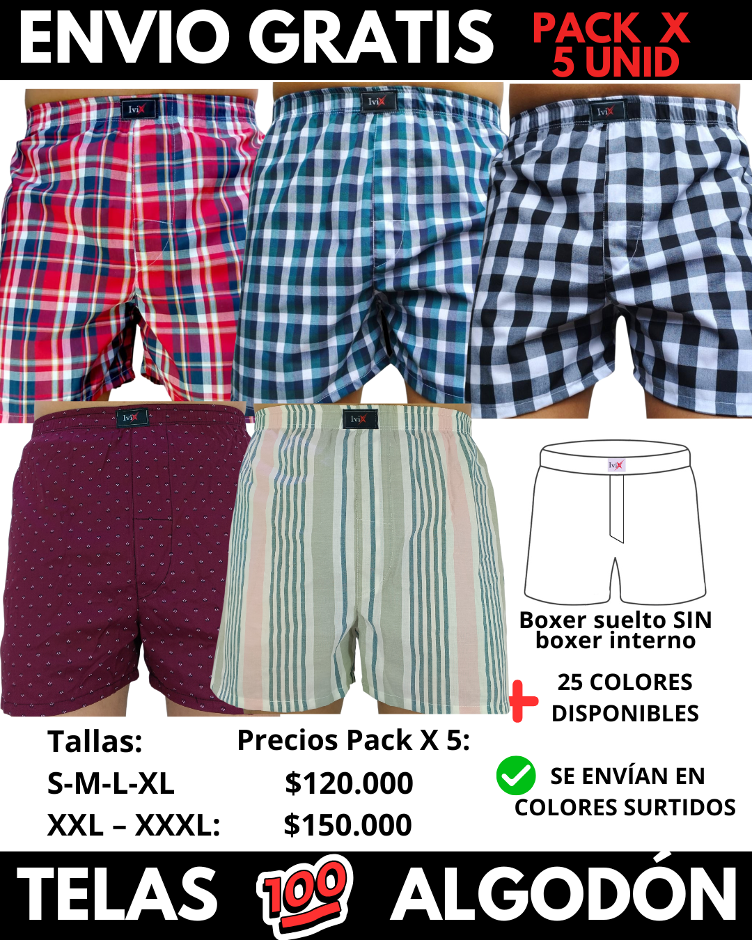 Pack X 5 bóxer suelto Sin Interno Marca IviX -Envio Gratis