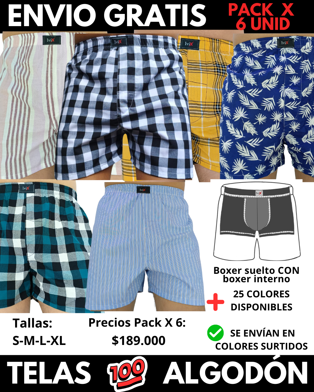 Pack X 6 bóxer suelto CON BOXER INTERNO Marca IviX -Envio Gratis