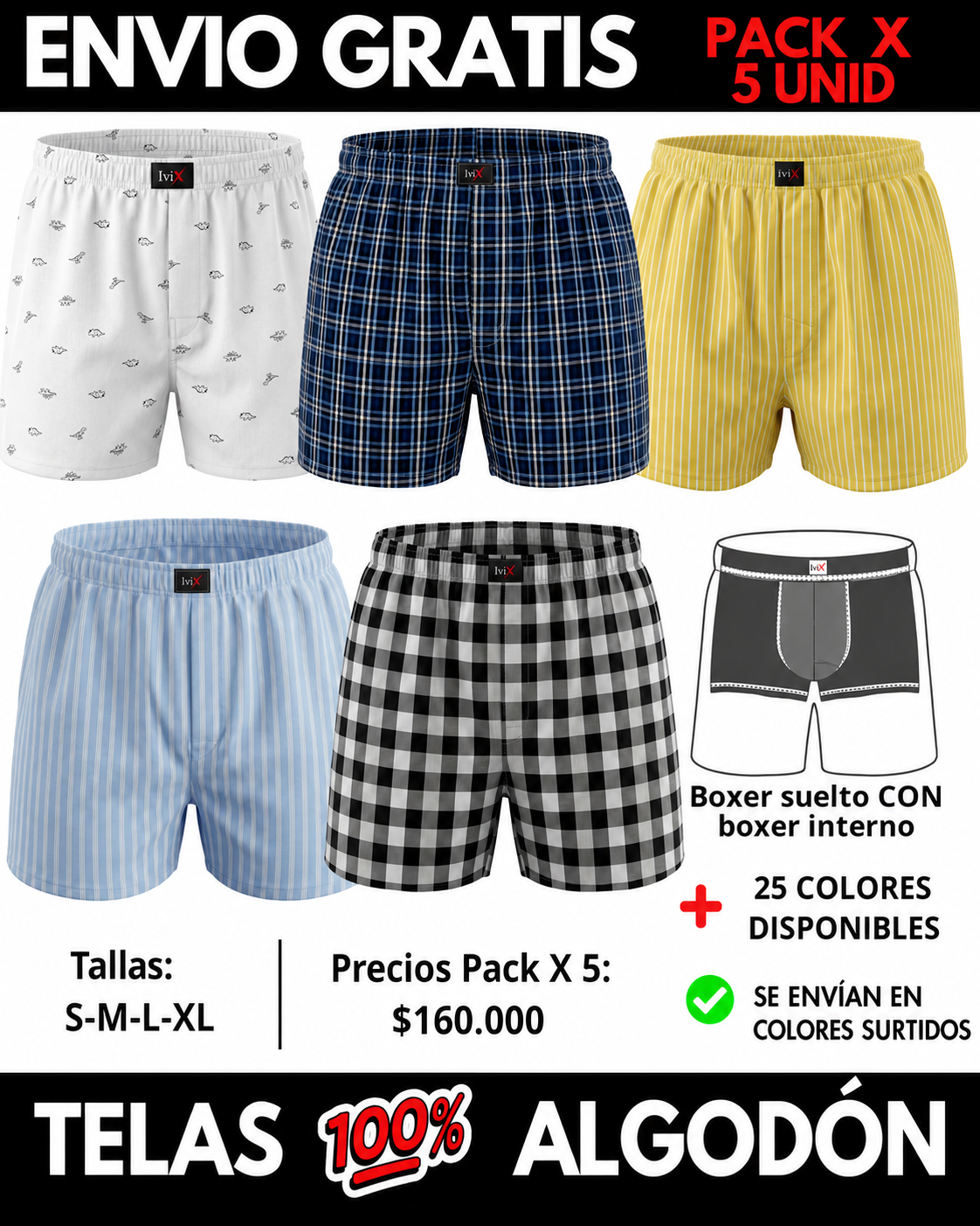Pack X 5 bóxer suelto  CON BOXER INTERNO Marca IviX -Envio Gratis