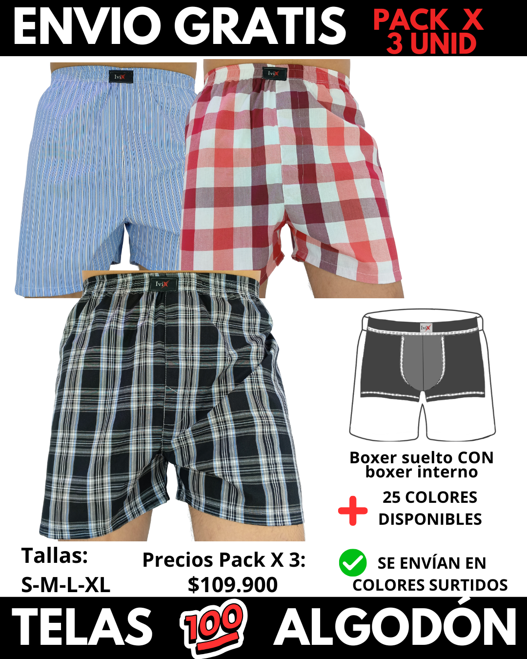 Pack X 3 bóxer suelto  CON BOXER INTERNO  Marca IviX -Envio Gratis