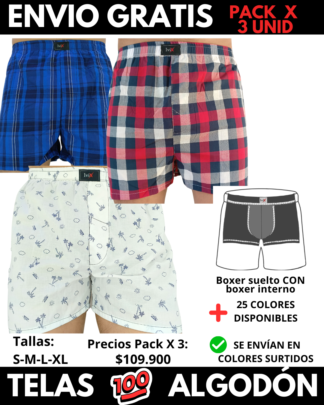Pack X 3 bóxer suelto  CON BOXER INTERNO  Marca IviX -Envio Gratis