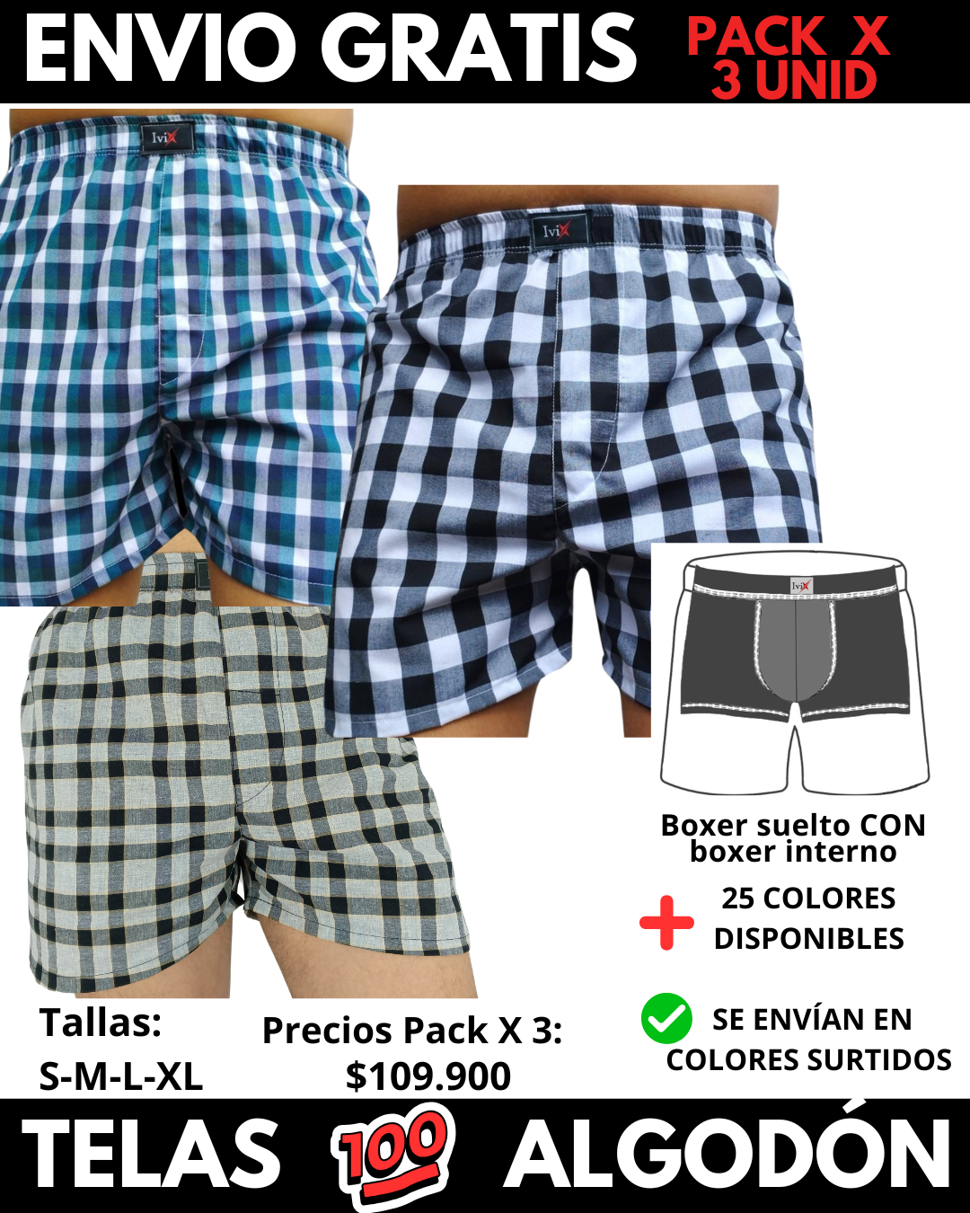 Pack X 3 bóxer suelto  CON BOXER INTERNO  Marca IviX -Envio Gratis