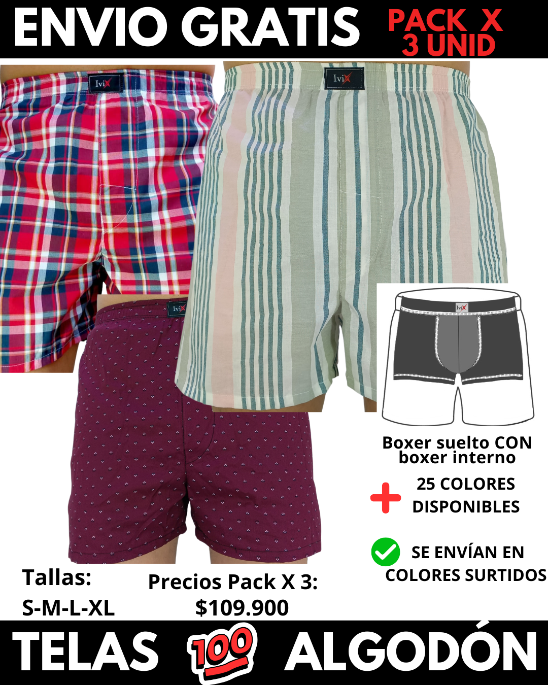 Pack X 3 bóxer suelto  CON BOXER INTERNO  Marca IviX -Envio Gratis