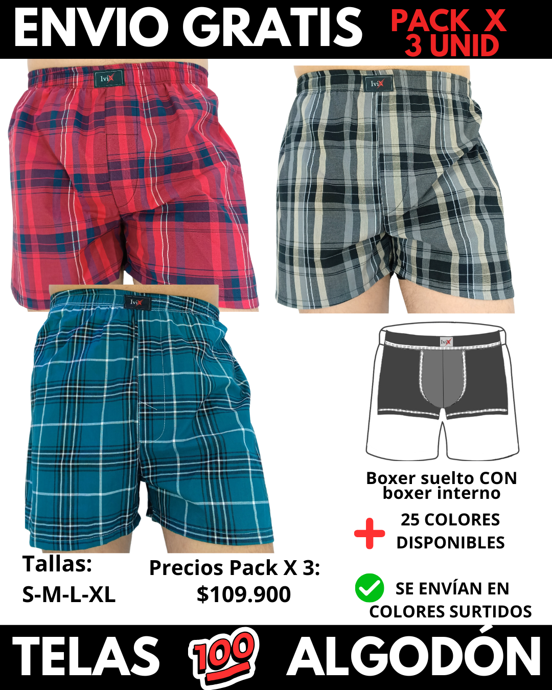 Pack X 3 bóxer suelto  CON BOXER INTERNO  Marca IviX -Envio Gratis