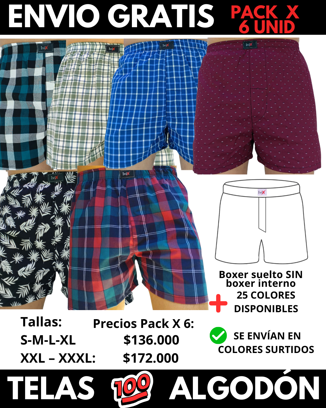 Pack X 6 bóxer suelto SIN Boxer Interno  Marca IviX -Envio Gratis