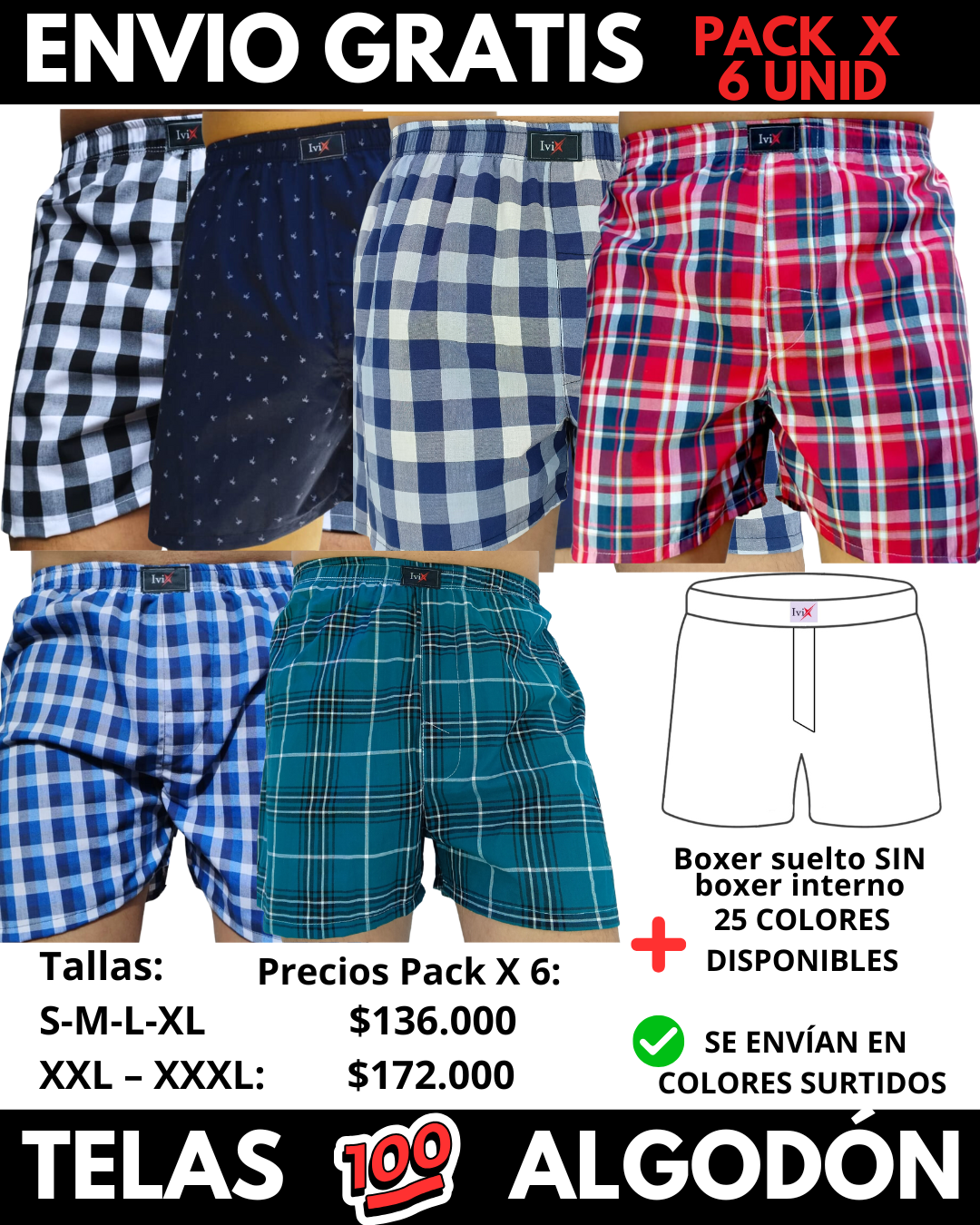 Pack X 6 bóxer suelto SIN Boxer Interno  Marca IviX -Envio Gratis