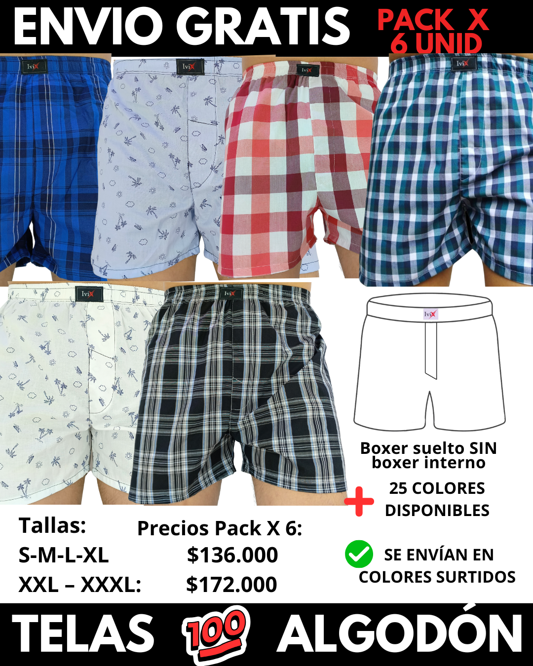 Pack X 6 bóxer suelto SIN Boxer Interno  Marca IviX -Envio Gratis