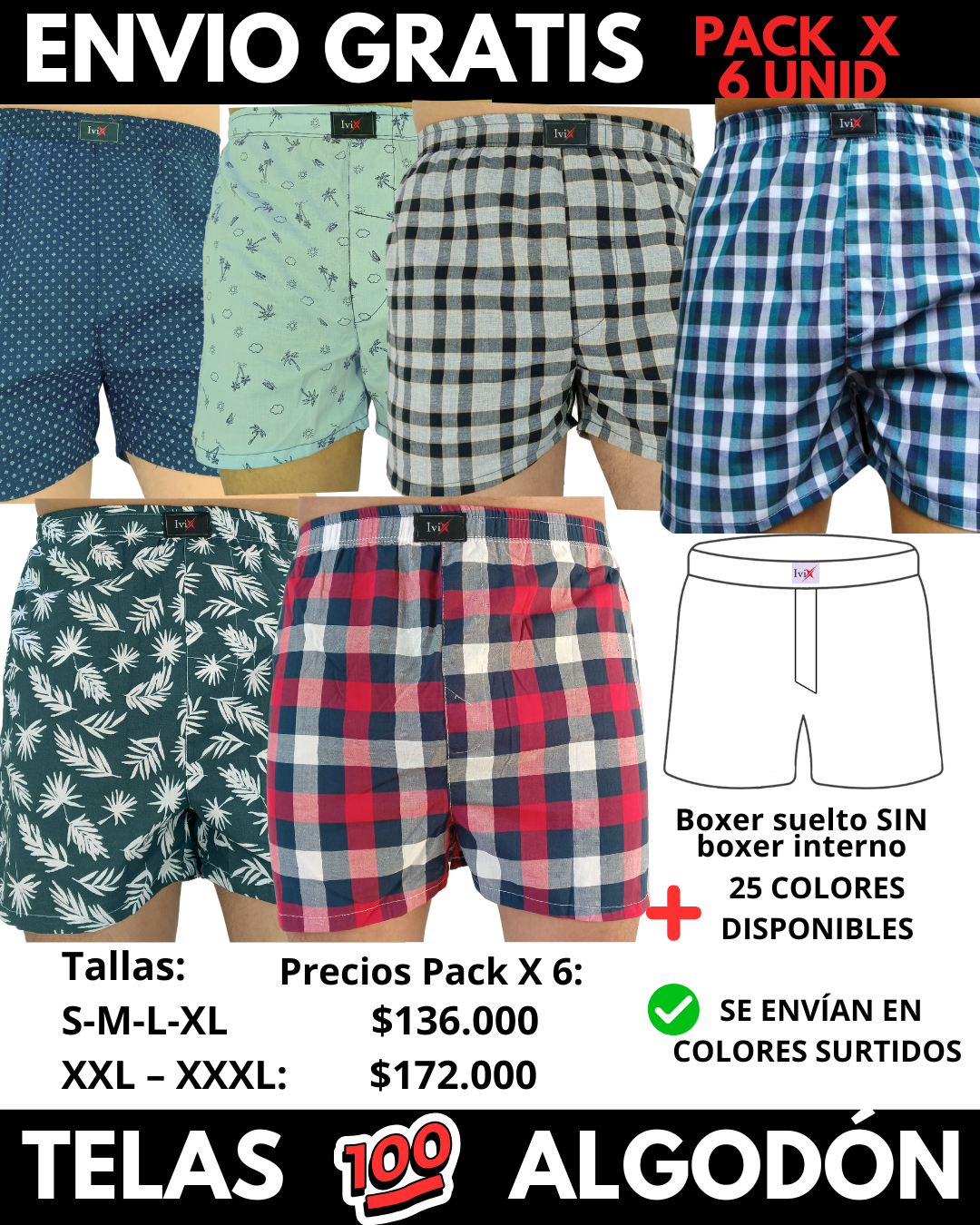 Pack X 6 bóxer suelto SIN Boxer Interno  Marca IviX -Envio Gratis