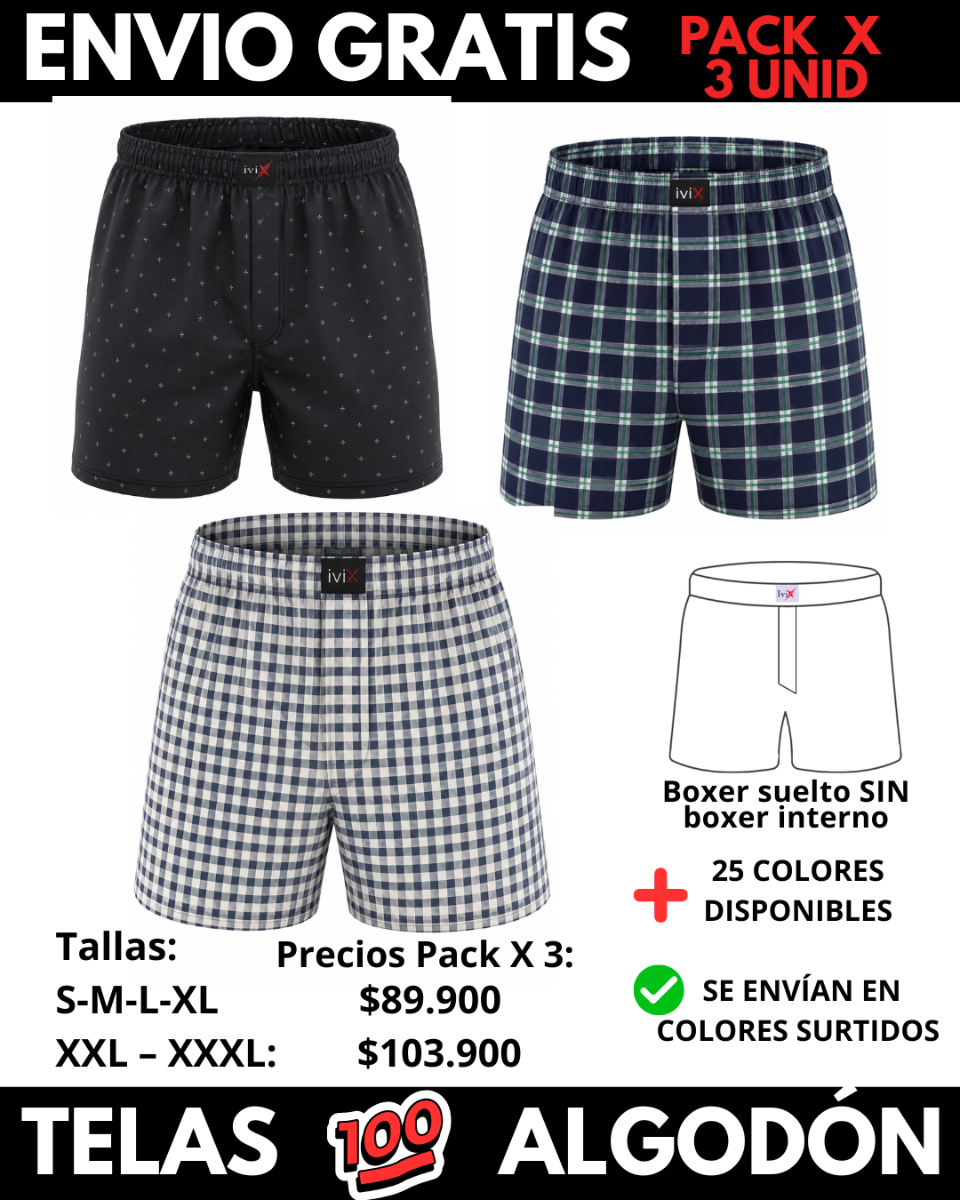 Pack X 3 bóxer suelto SIN Boxer Interno  Marca IviX -Envio Gratis