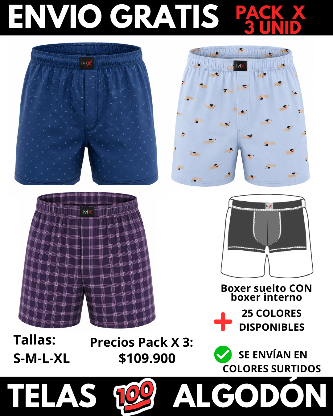 Pack X 3 bóxer suelto  CON BOXER INTERNO  Marca IviX -Envio Gratis