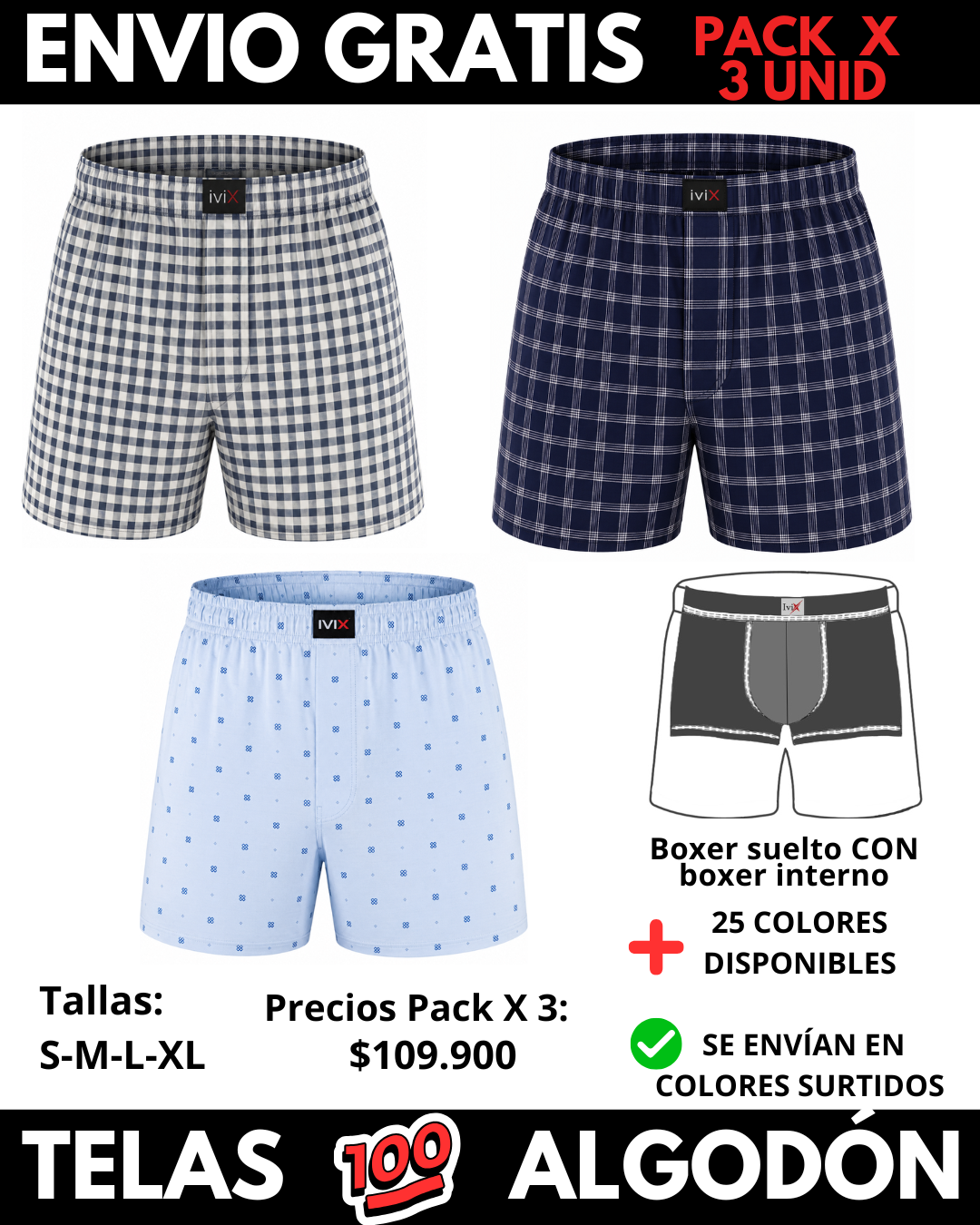 Pack X 3 bóxer suelto  CON BOXER INTERNO  Marca IviX -Envio Gratis