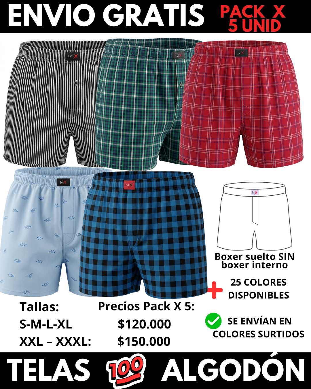 Pack X 5 bóxer suelto Sin Interno  Marca IviX -Envio Gratis