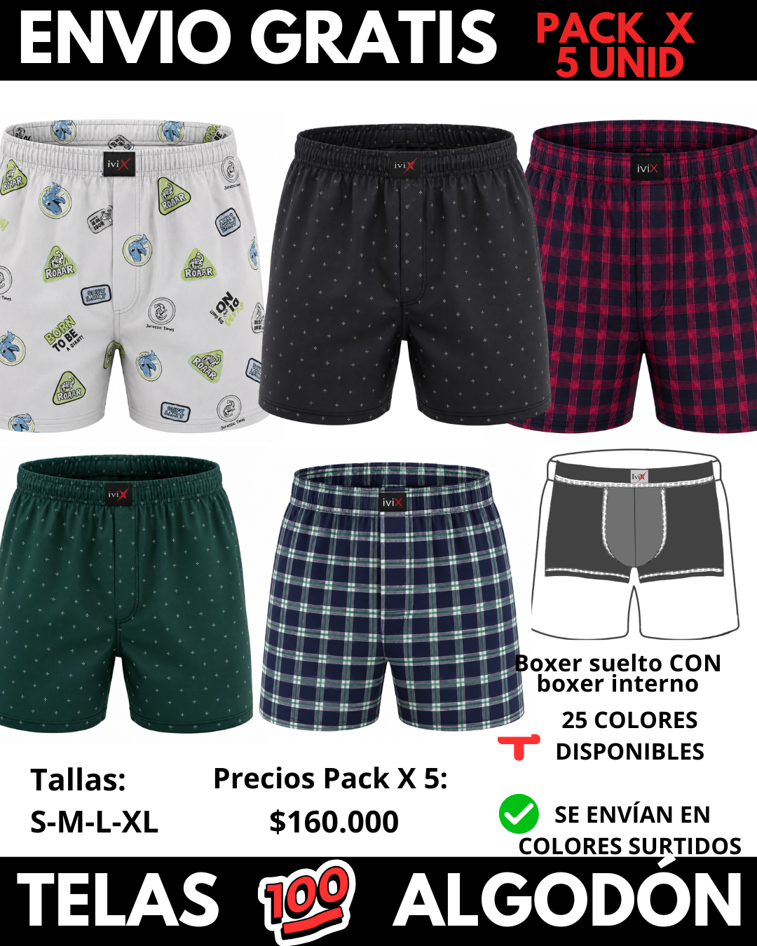 Pack X 5 bóxer suelto  CON BOXER INTERNO Marca IviX -Envio Gratis