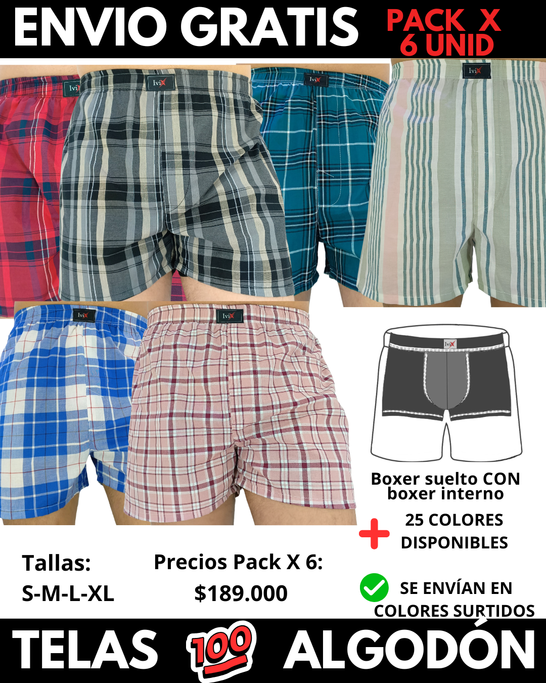 Pack X 6 bóxer suelto  CON BOXER INTERNO Marca IviX -Envio Gratis