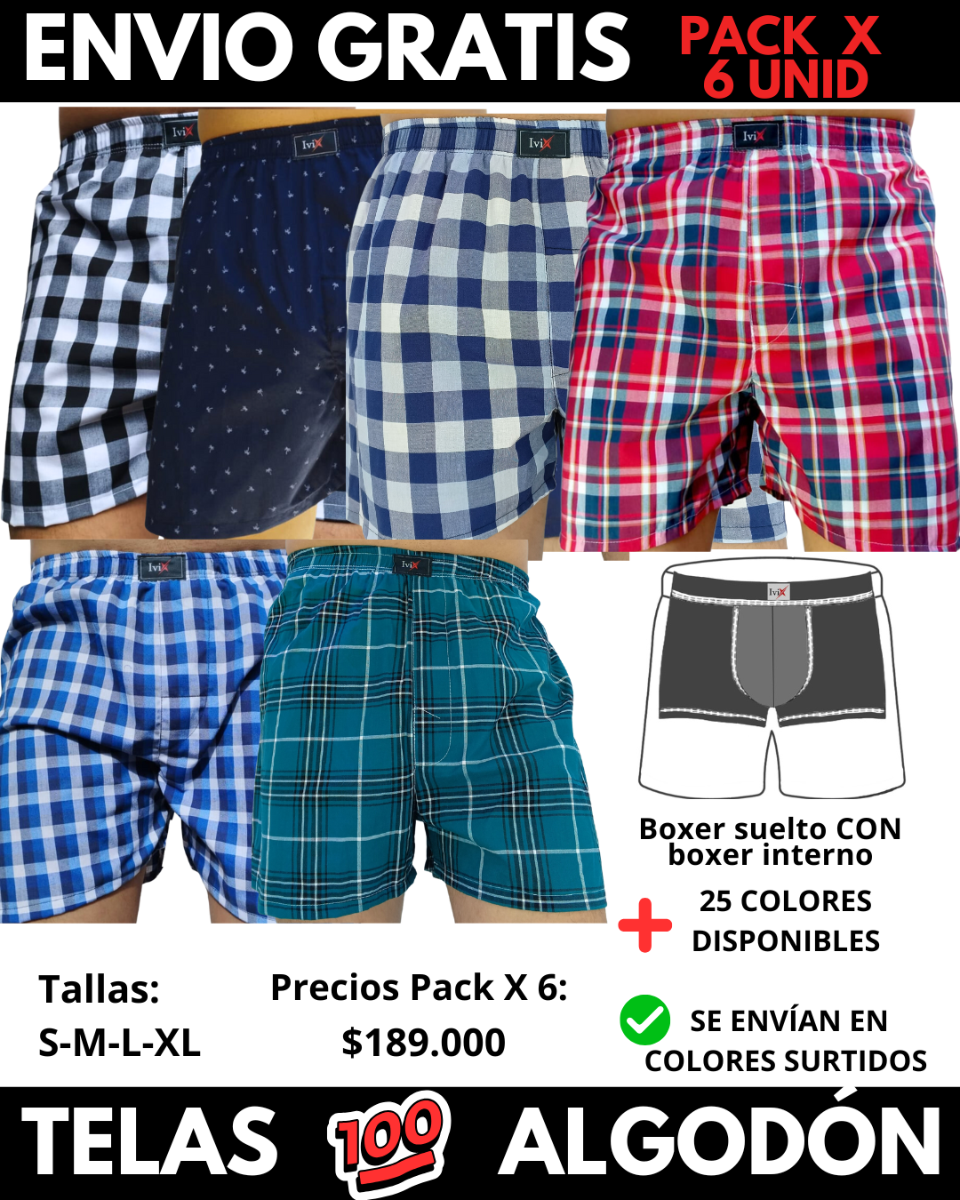 Pack X 6 bóxer suelto  CON BOXER INTERNO Marca IviX -Envio Gratis