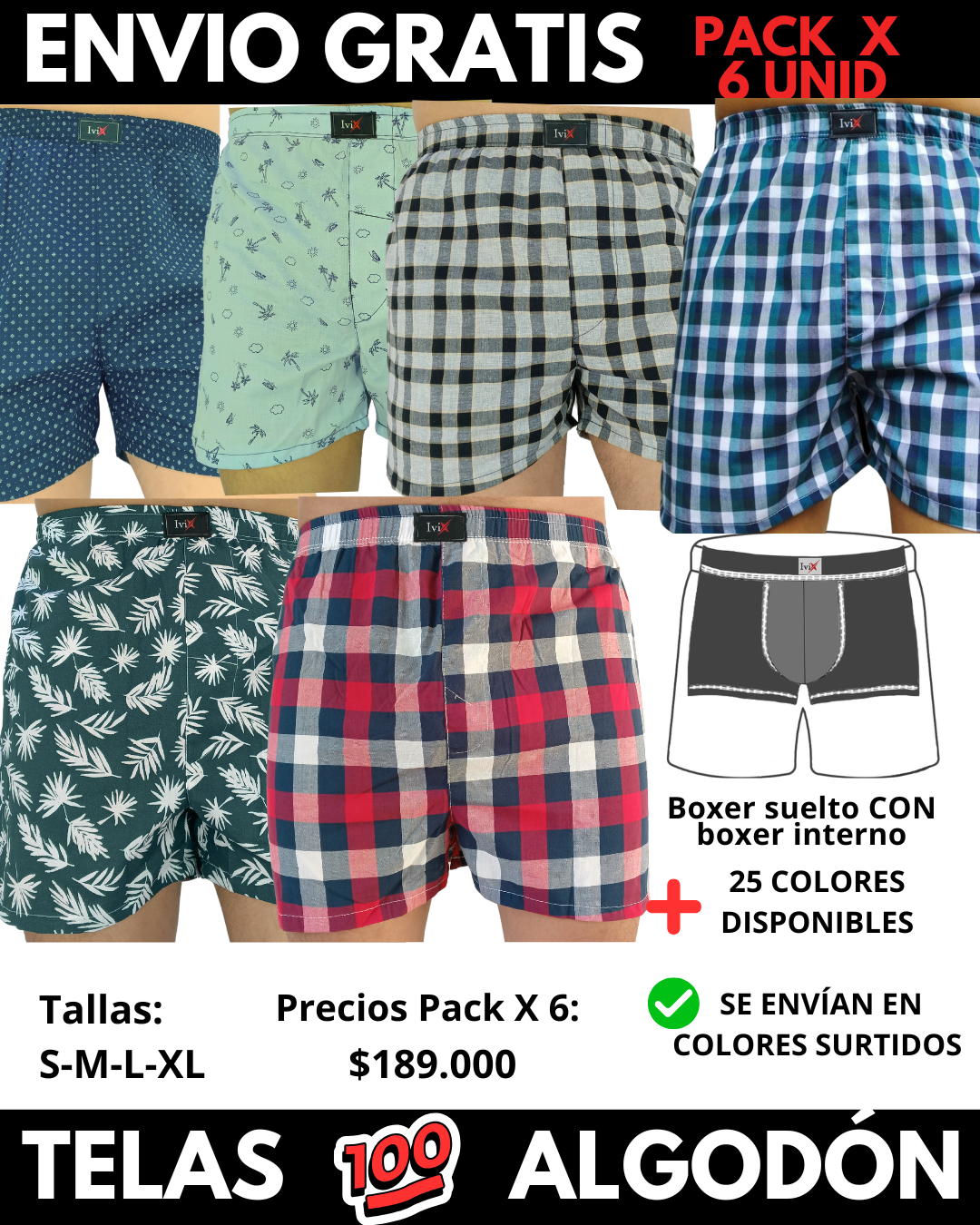 Pack X 6 bóxer suelto  CON BOXER INTERNO Marca IviX -Envio Gratis